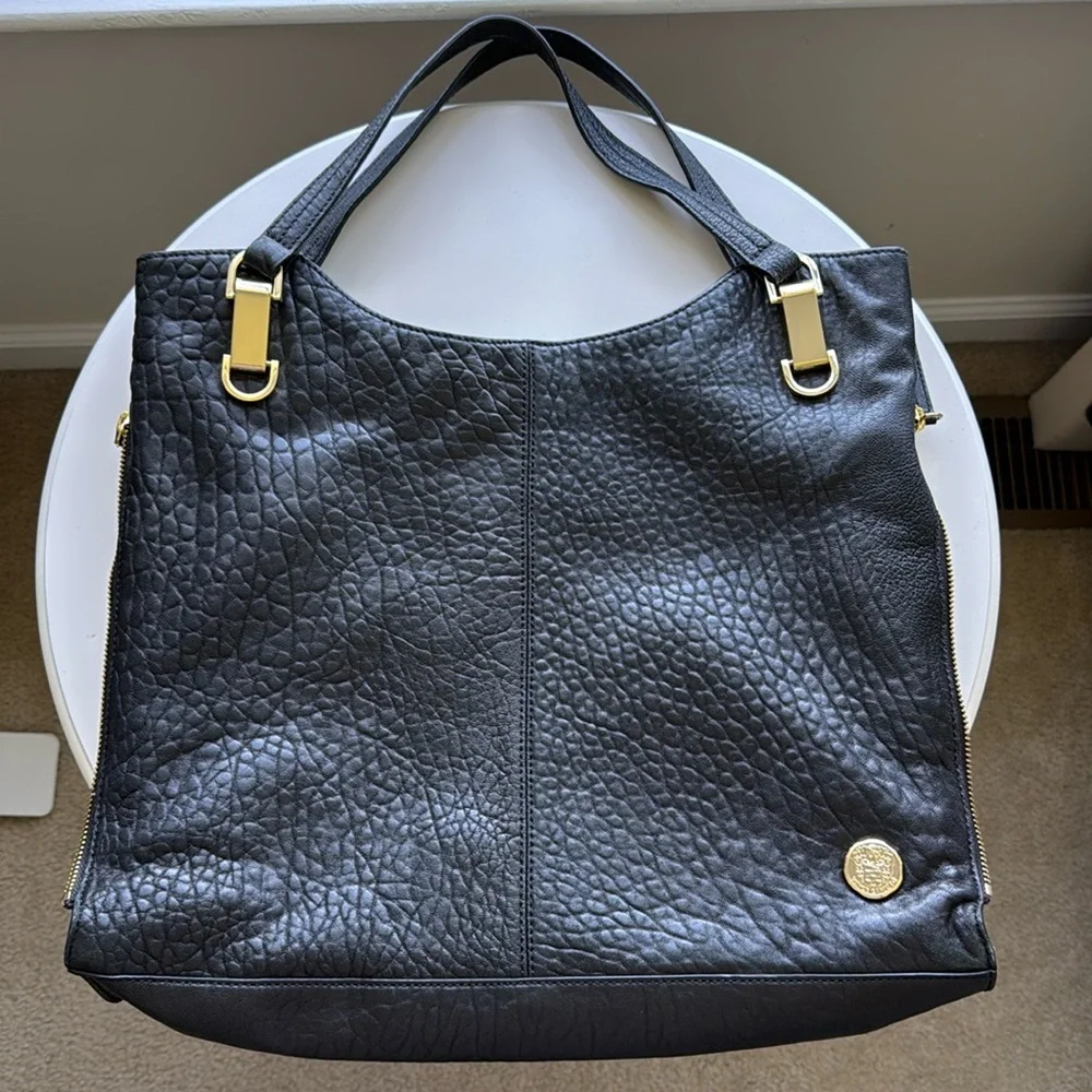 Vince Camuto Genuine Pebble Leather "Riley" Tote Crossbody Bag Purse Black - Picture 1 of 7